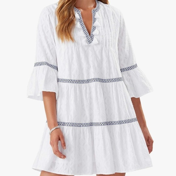 Tommy Bahama Dresses & Skirts - Tommy Bahama White Blue Embroidered Tiered Bell Sleeve Tunic Dress L